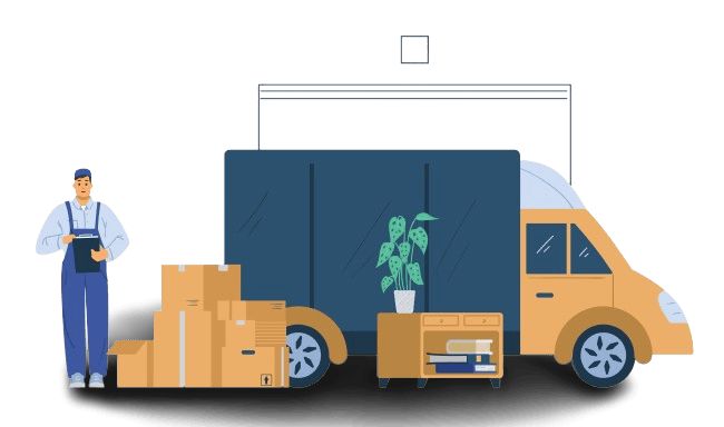 Illustration of a moving truck with boxes and household items, with a person checking a relocation list