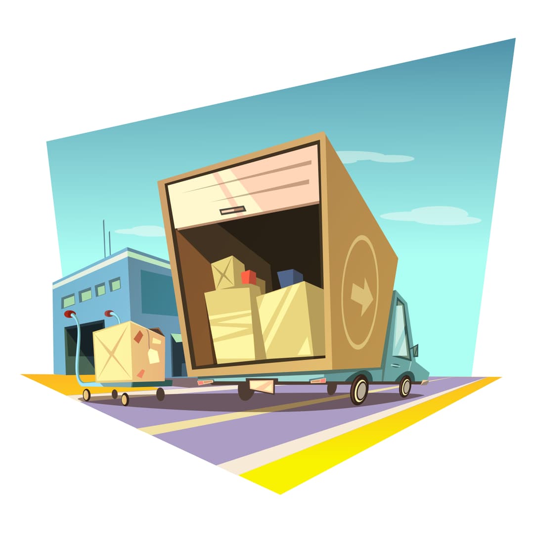 Illustration of a truck packed with boxes, ready for factory relocation to a new location