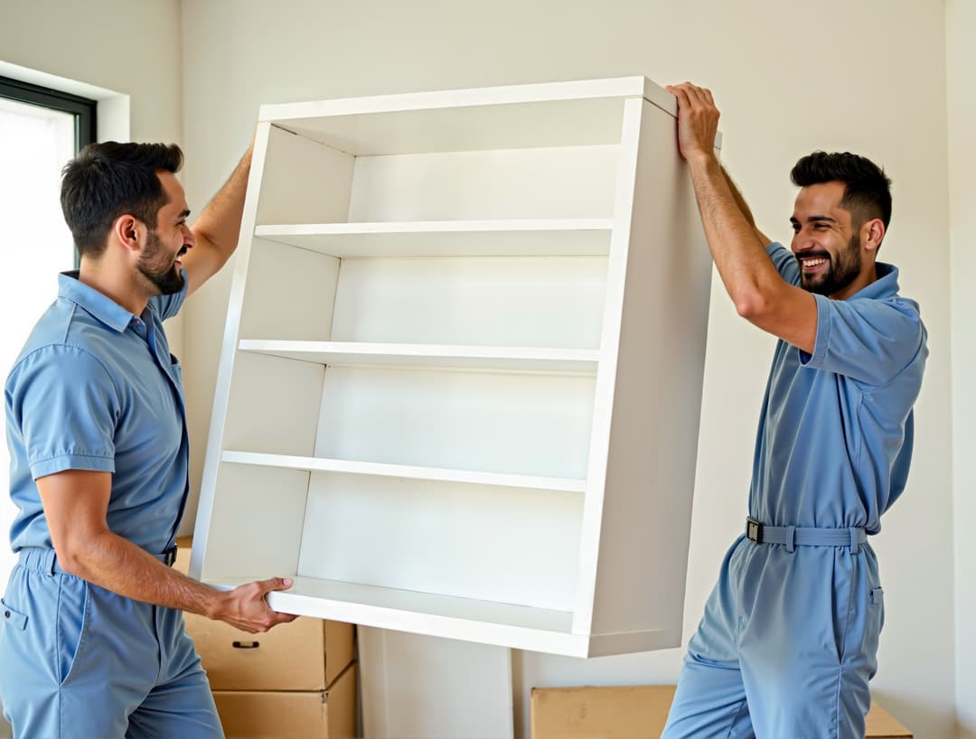 Indian movers carefully moving a wooden bookshelf into a new modern home
