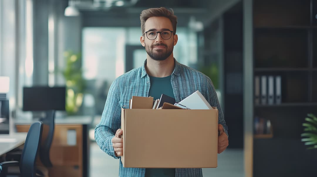 Man carrying a box of personal belongings in an office, representing corporate employee relocation