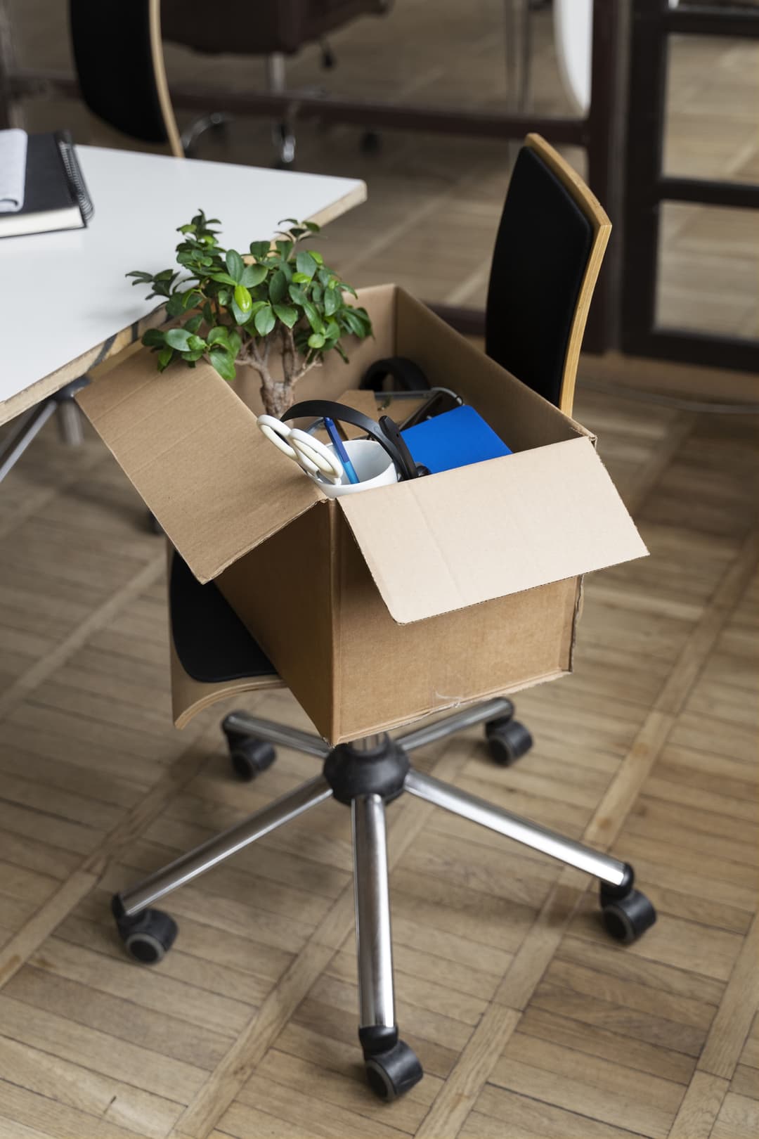 Packing items into a box on a chair during office relocation process