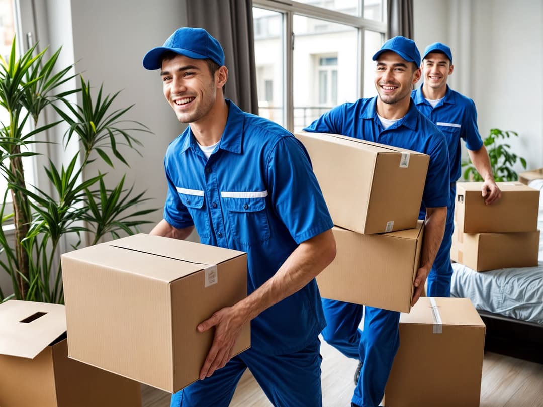 Three smiling workers moving boxes into a house, providing friendly and efficient moving service