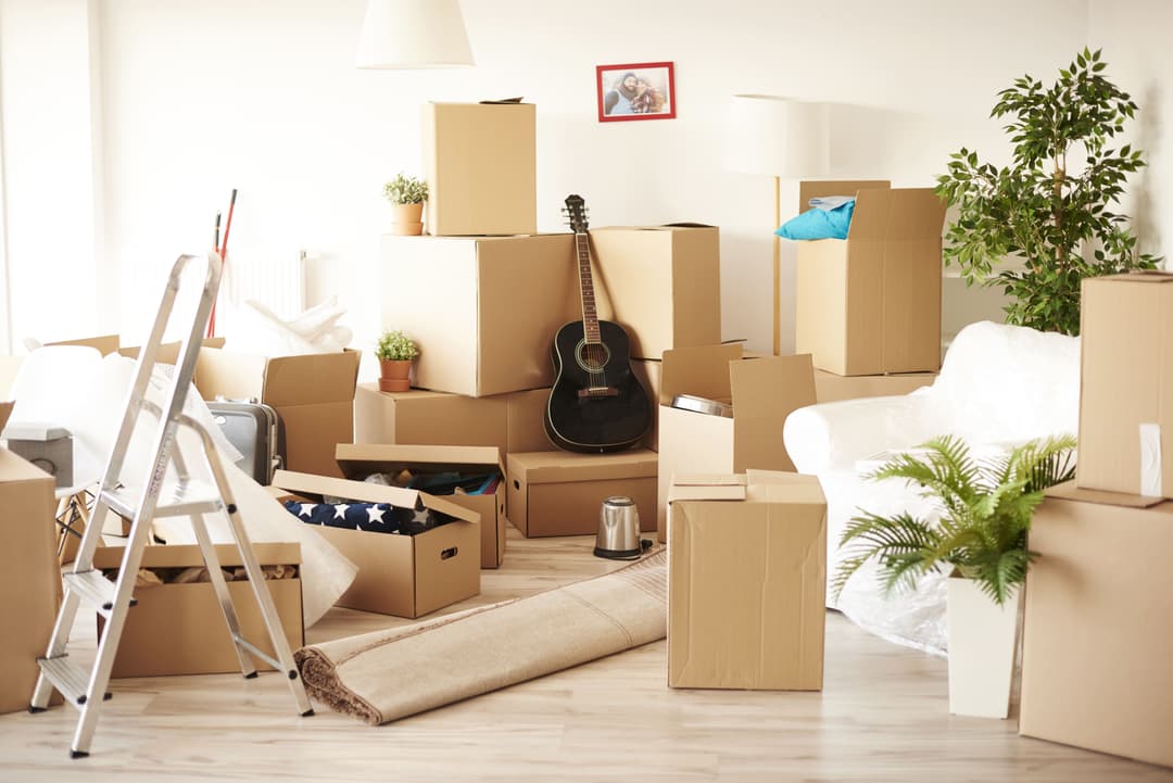 Room filled with boxes of household items, ready for moving or relocation