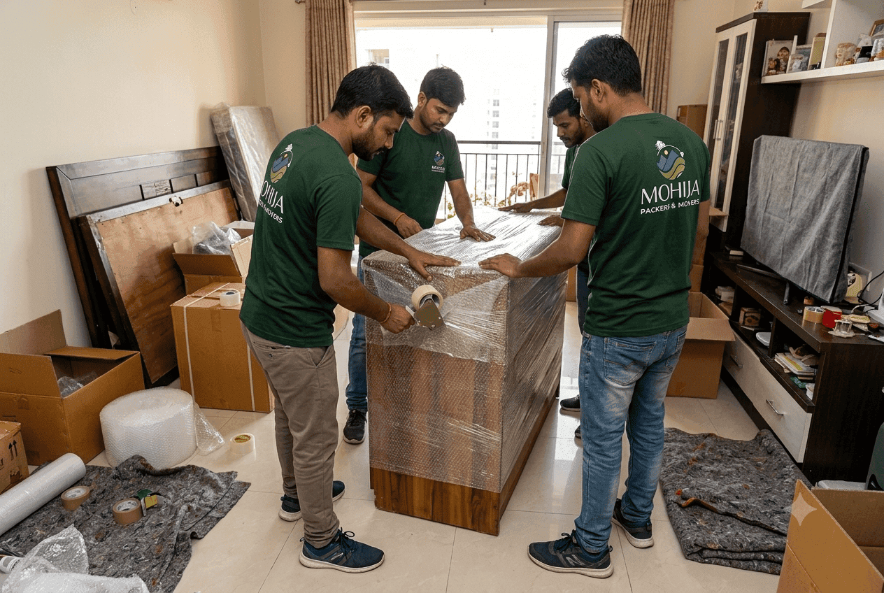 Four professional movers carefully wrapping a large wooden piece of furniture with bubble wrap and tape inside an apartment.