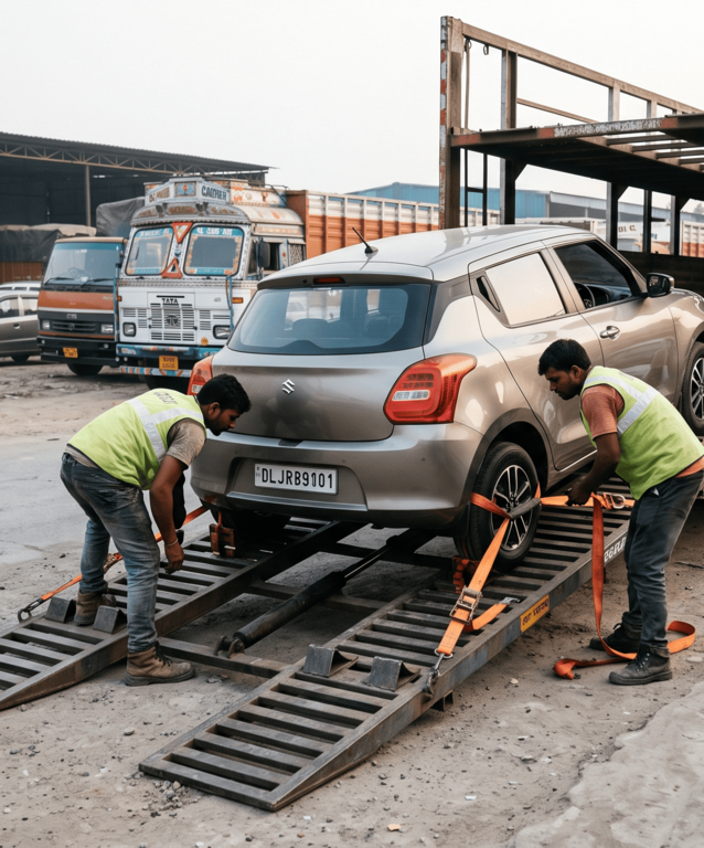 Precision vehicle loading on enclosed truck ramp with safety hydraulic lift and tyre straps.